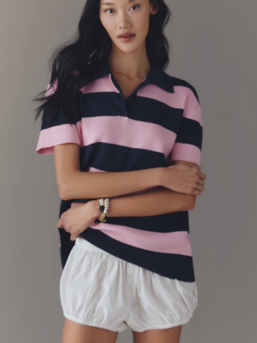 Maeve Boxy Short-Sleeve Pink & Navy Rugby Polo Top